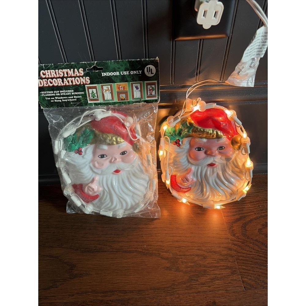 VTG 1999 Plastic Santa Face With Lights~ Tested & 1 New In Package! Lot Of 2